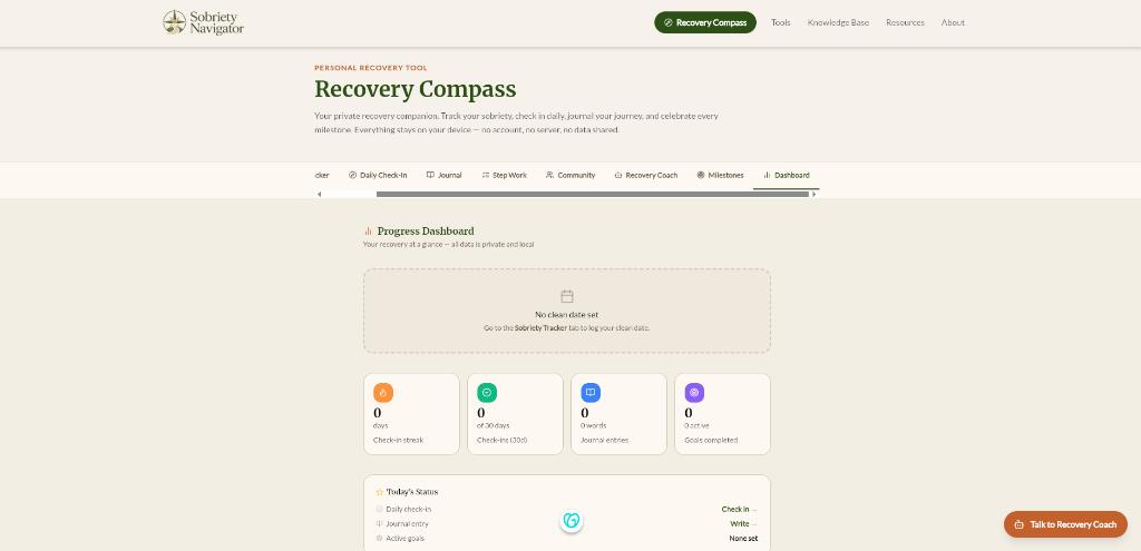 Recovery Compass dashboard showing sobriety tracker, daily check-in, and progress stats